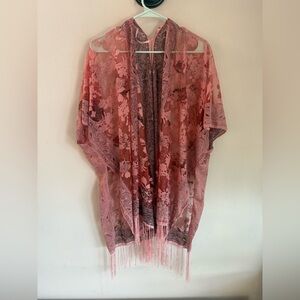 Sheer Floral Kimono Duster Pink Lace Fringe Lightweight Open Front Women